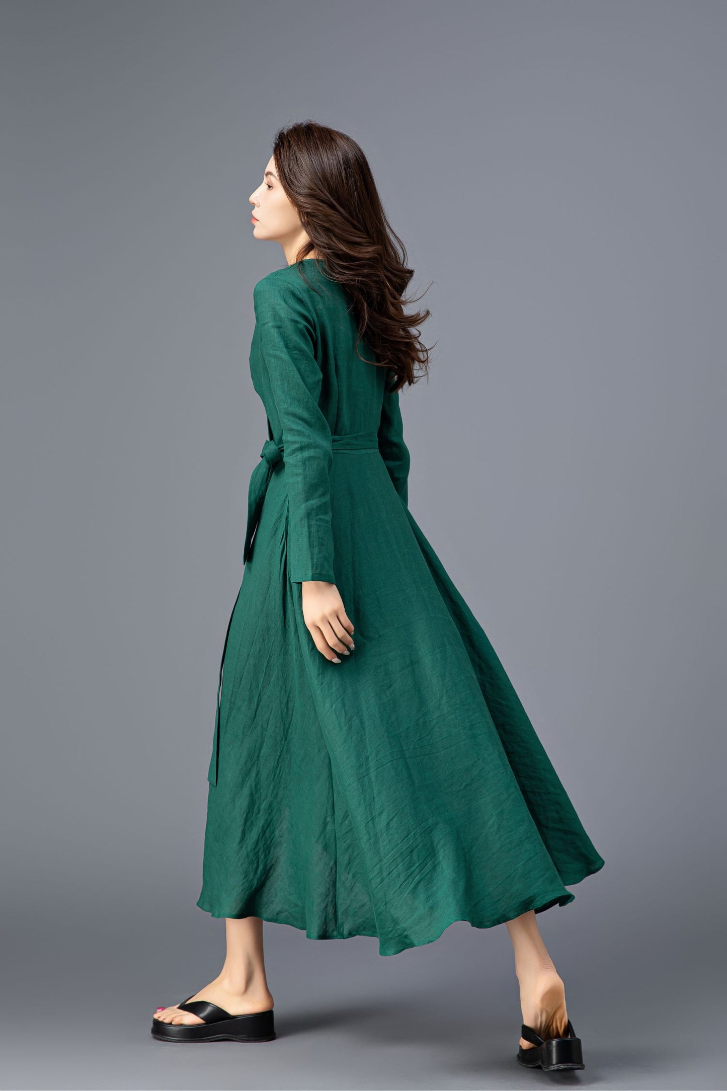 Women's Green Long Sleeves Linen Dress C3914