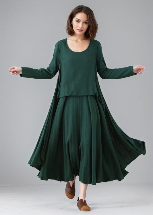Green Asymmetrical Linen dress C5158