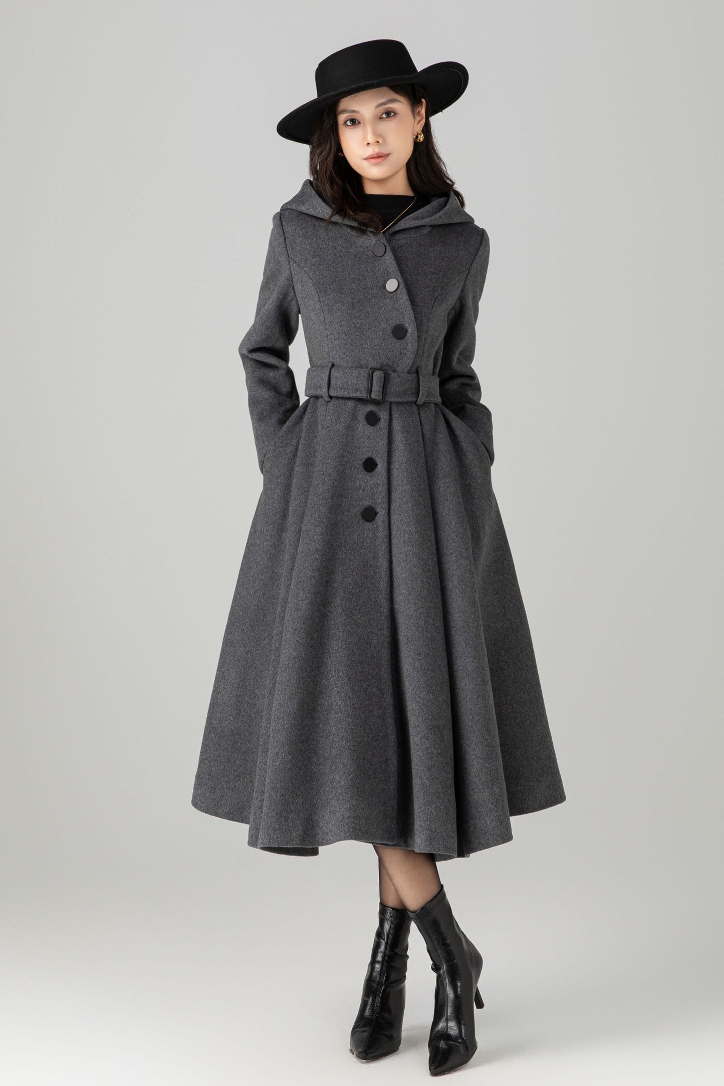 Swing gray long hooded wool coat C5269