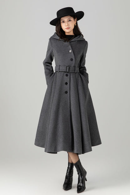 Swing gray long hooded wool coat C5269