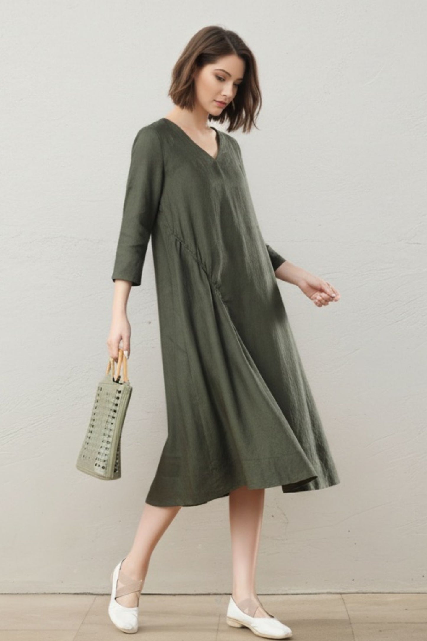 Army Green Midi Linen Dress C5400