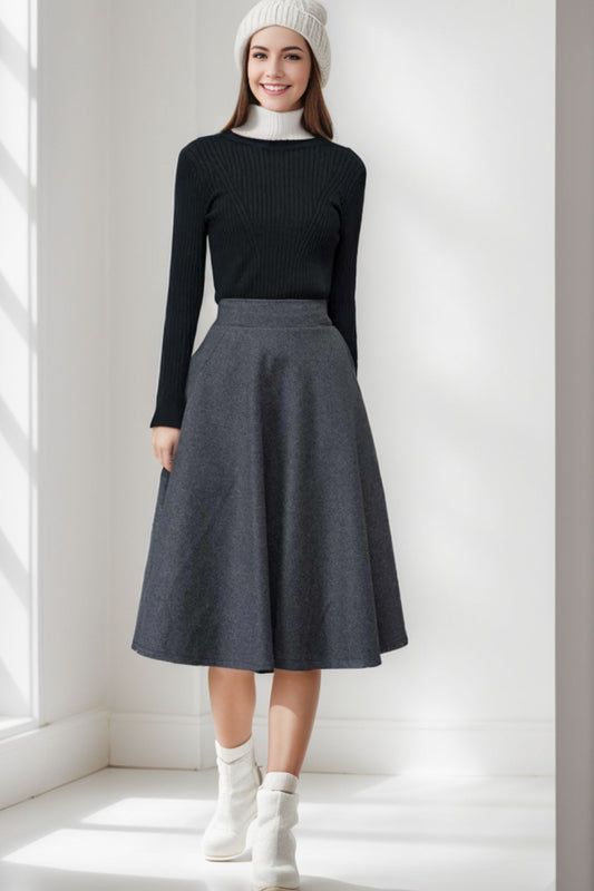 Wool midi flare swing A line elastic waist skirt C4262