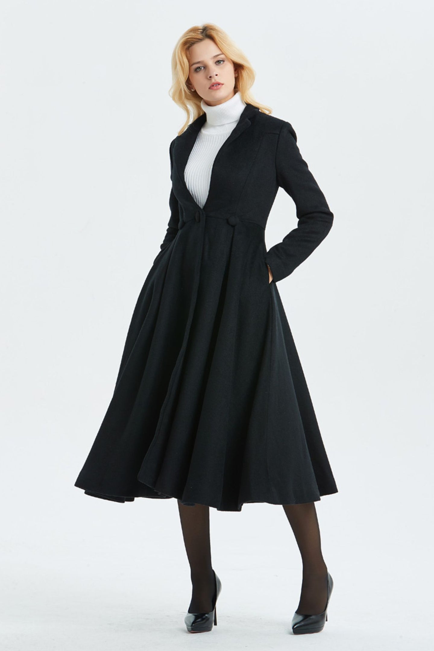 Women's black wool maxi princess coat C1338