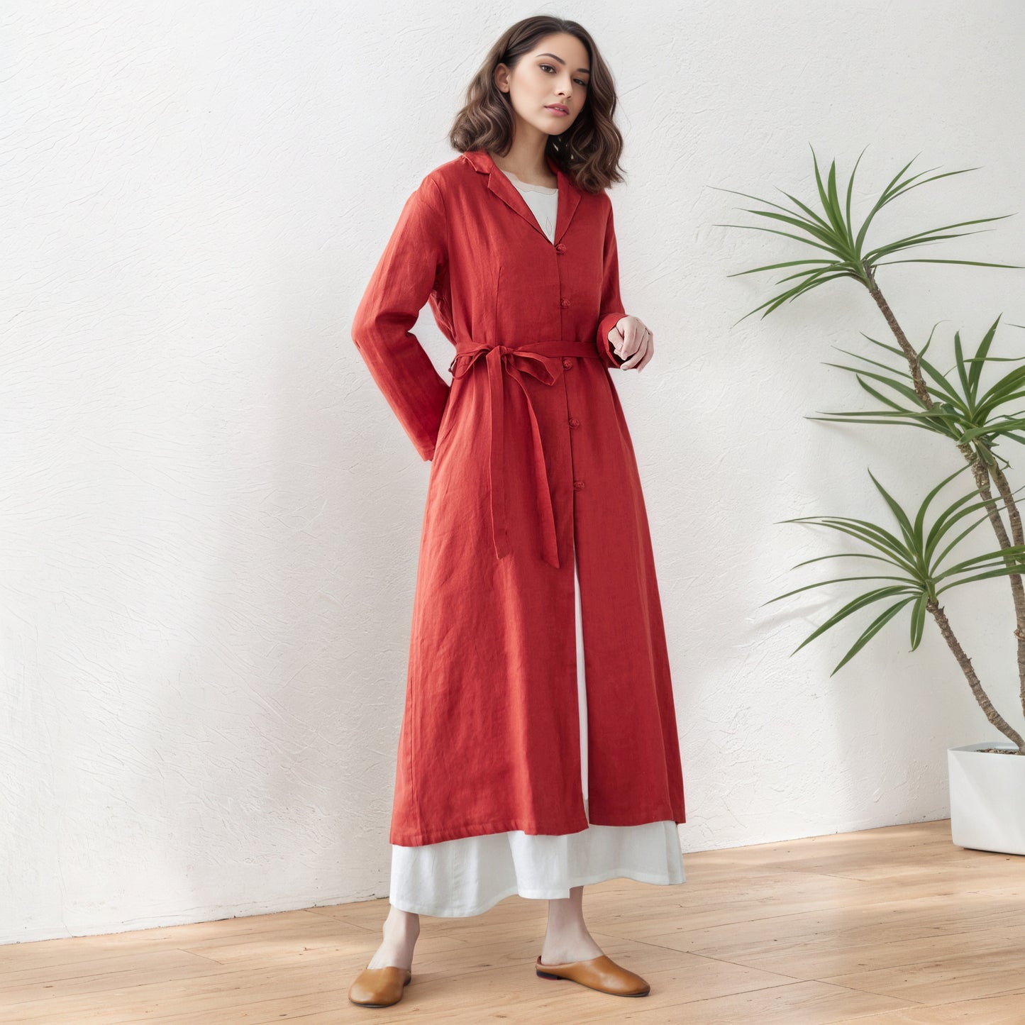 Orange red Long Linen Trench Coat C5416