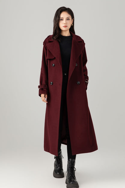 Burgundy wool maxi coat with self tie belt C5280