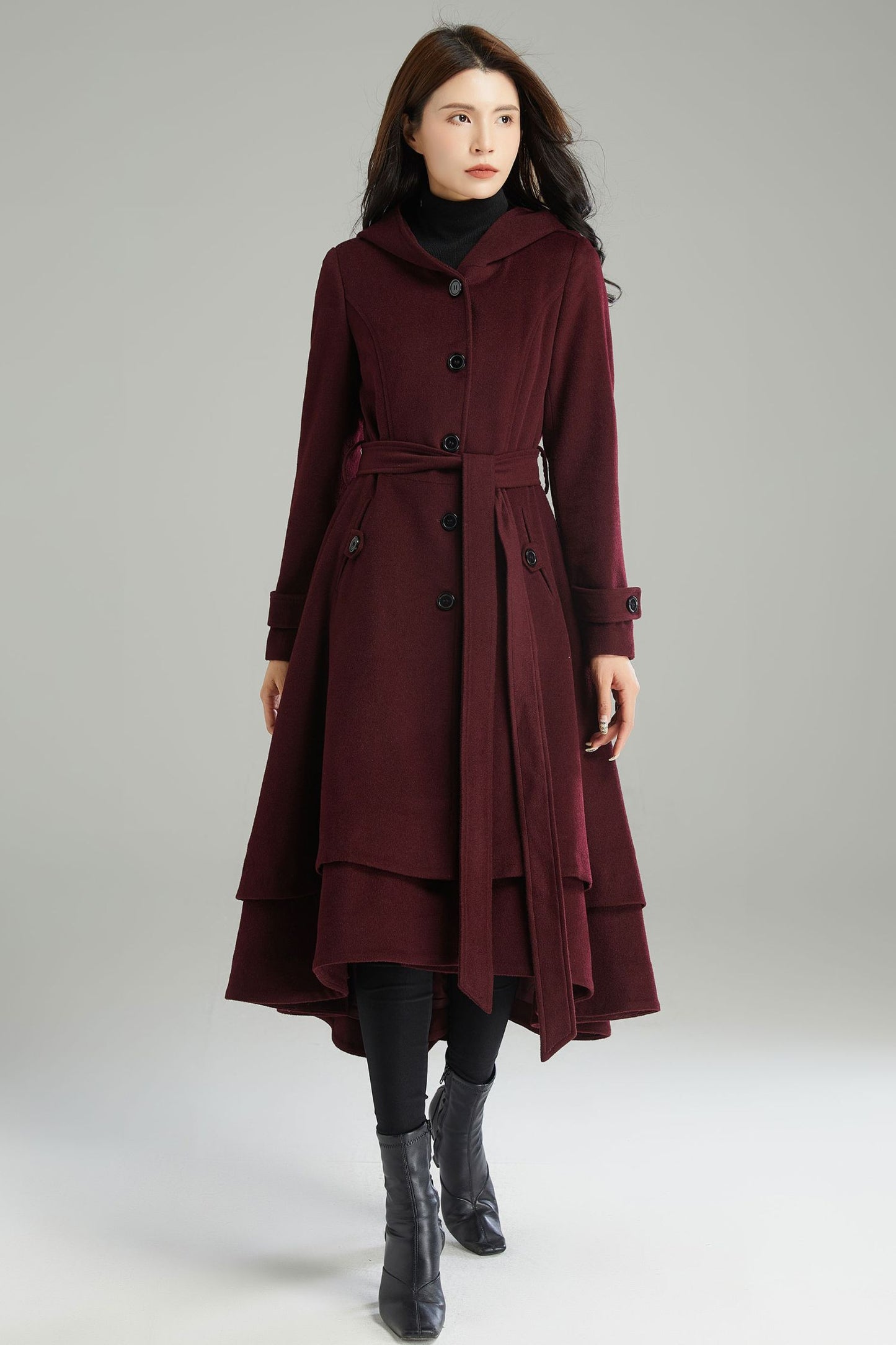 Women Long Hooded Wool Coat C2992