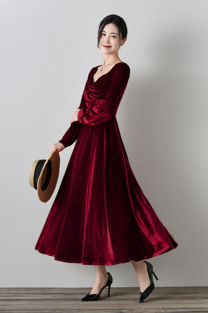 Elegant Burgundy Velvet Long Dress C4699