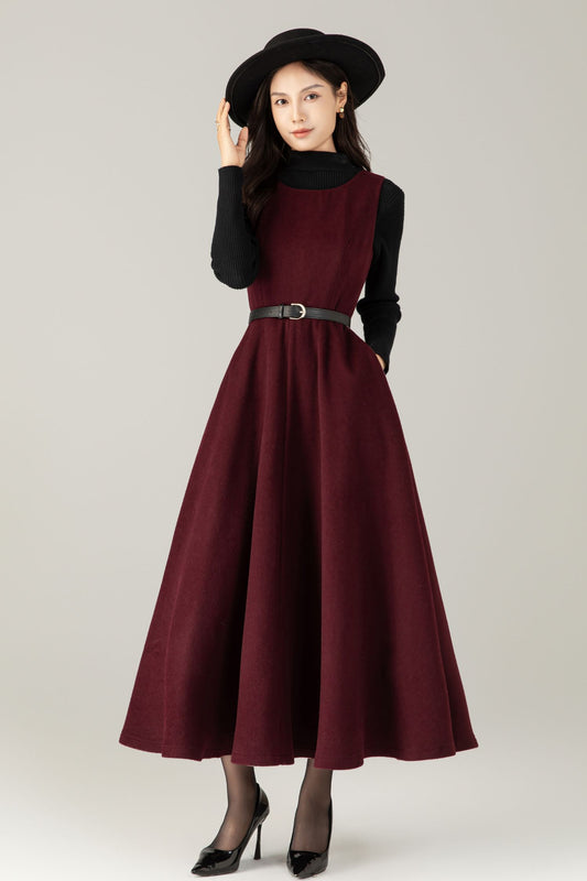 Burgundy Wool maxi Dress: Sleeveless A-Line Swing Jumper, Ylistyle C5239