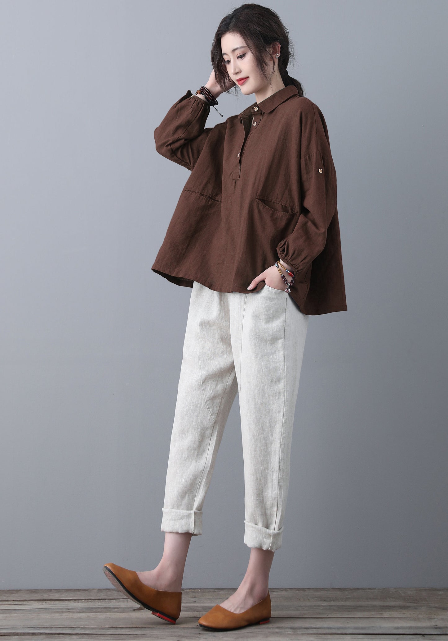 Brown Loose linen Tops C5346