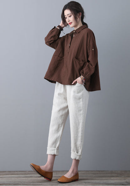 Brown Loose linen Tops C5346