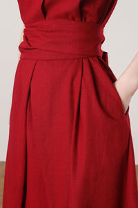 Red Sleeveless Midi Linen Dress C3262