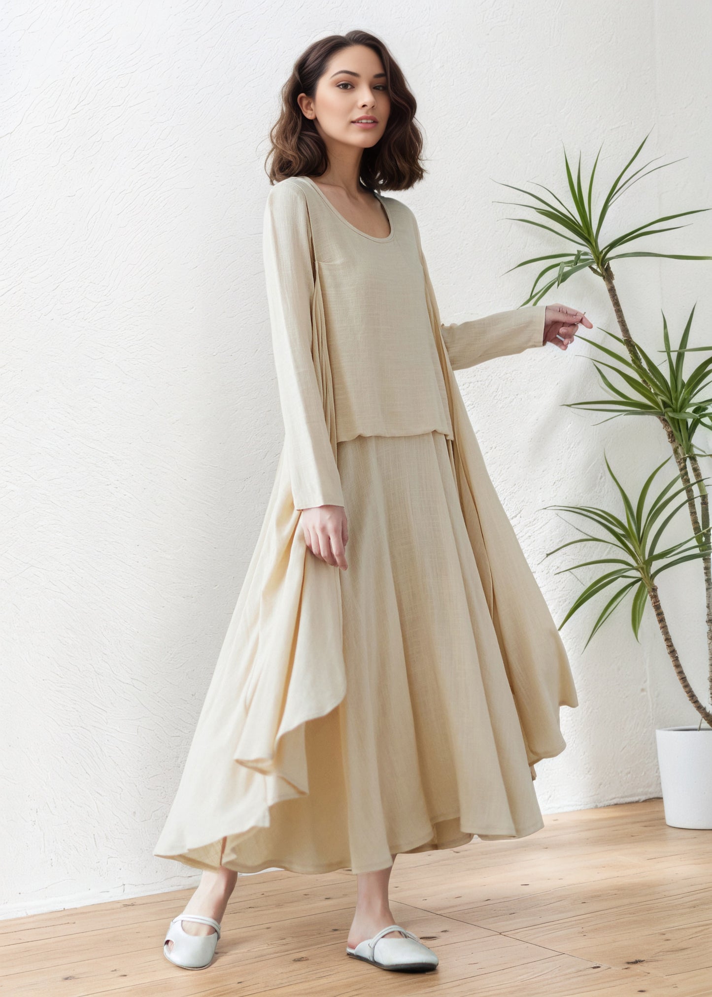 Asymmetrical spring Linen dress C5414