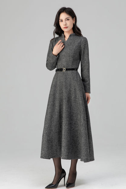 Warm Grey Long Sleeves Wool Maxi Dress C5204