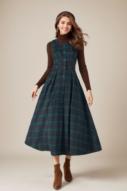 Womens Plaid Wool Dress C4326