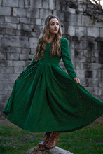 Load image into Gallery viewer, Green Swing Pleated Wool Dress With Pockets C3768
