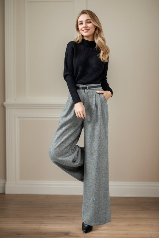 Long wide leg winter wool pants C4450