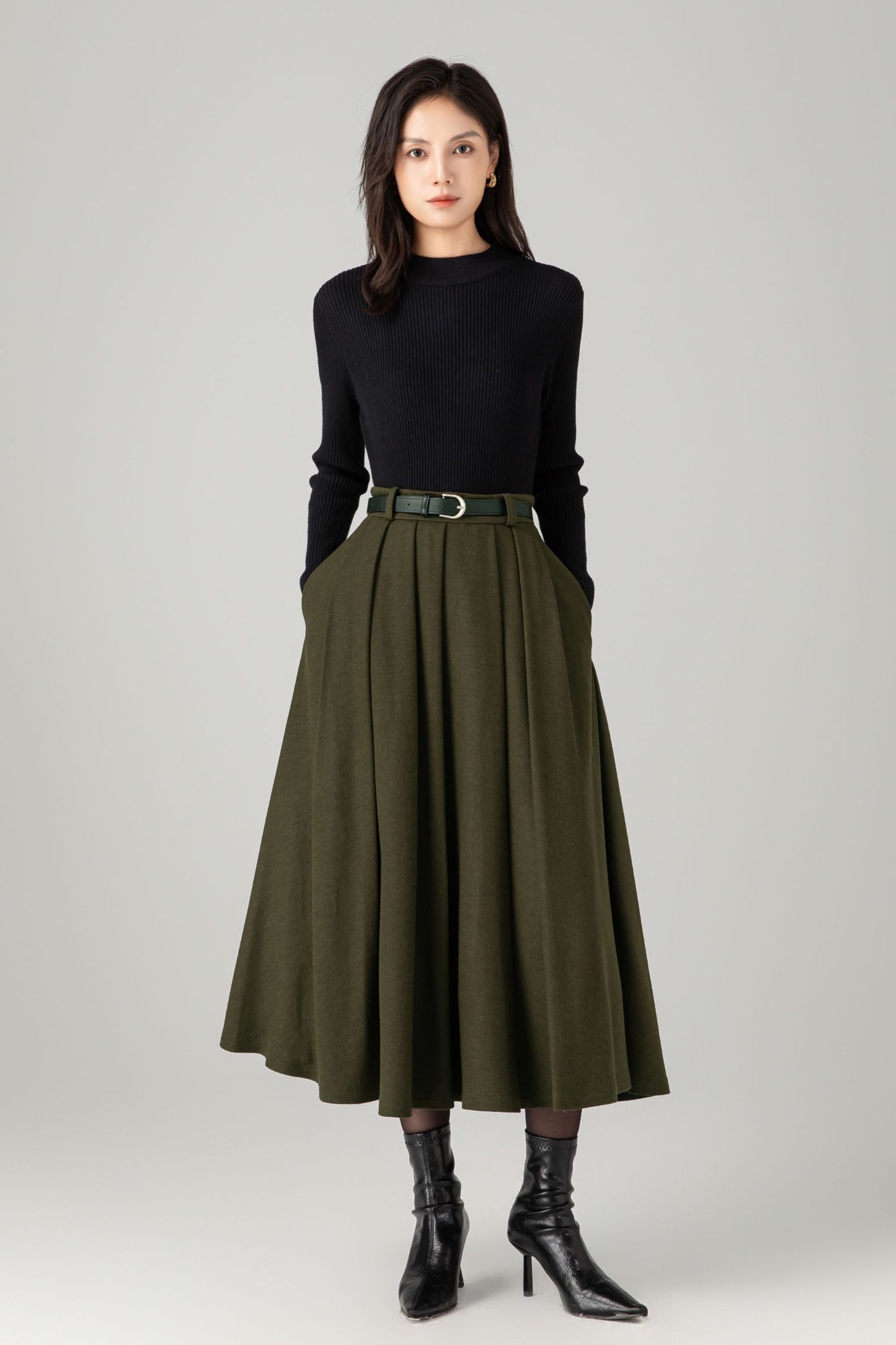 Army green midi winter wool skirt C5276