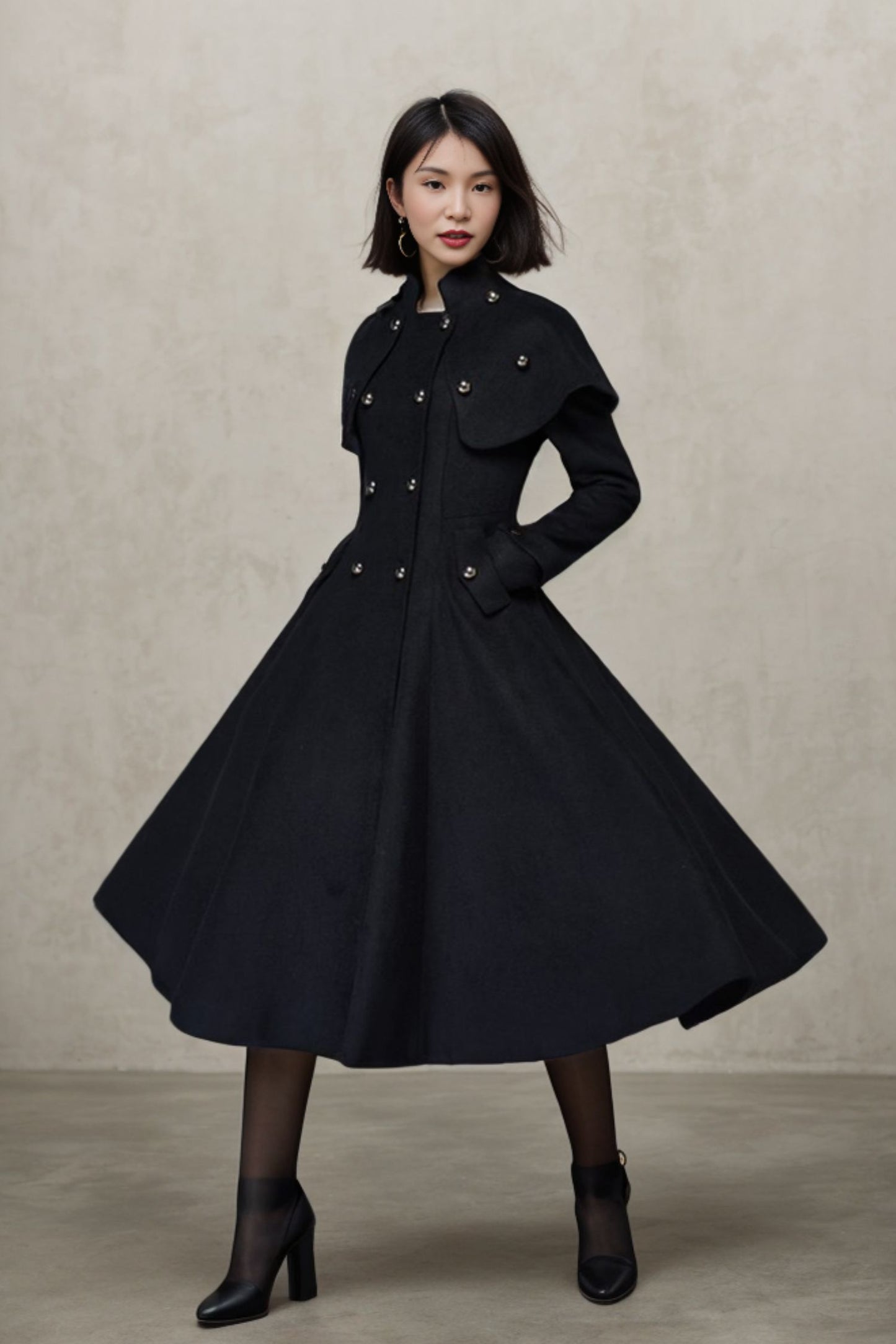 Women's Black Capelet Wool Coat C4421