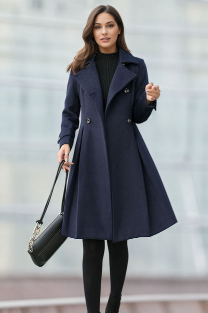 Navy blue Double Breasted Wool Coat C4956