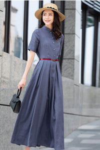 Summer Linen Button up Gray maxi Swing Dress C2829