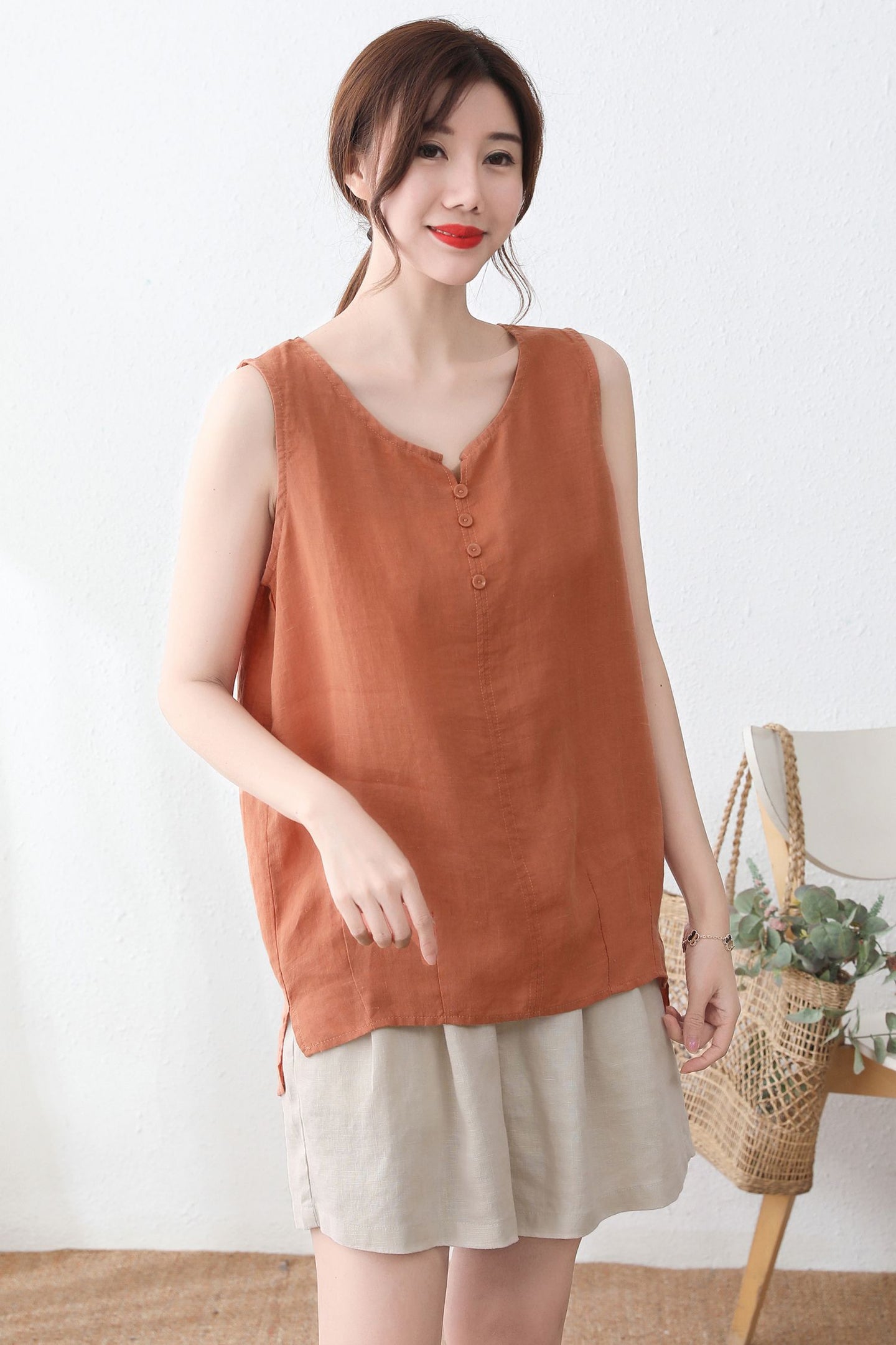 Sleeveless Summer organic linen Orange tops C2337