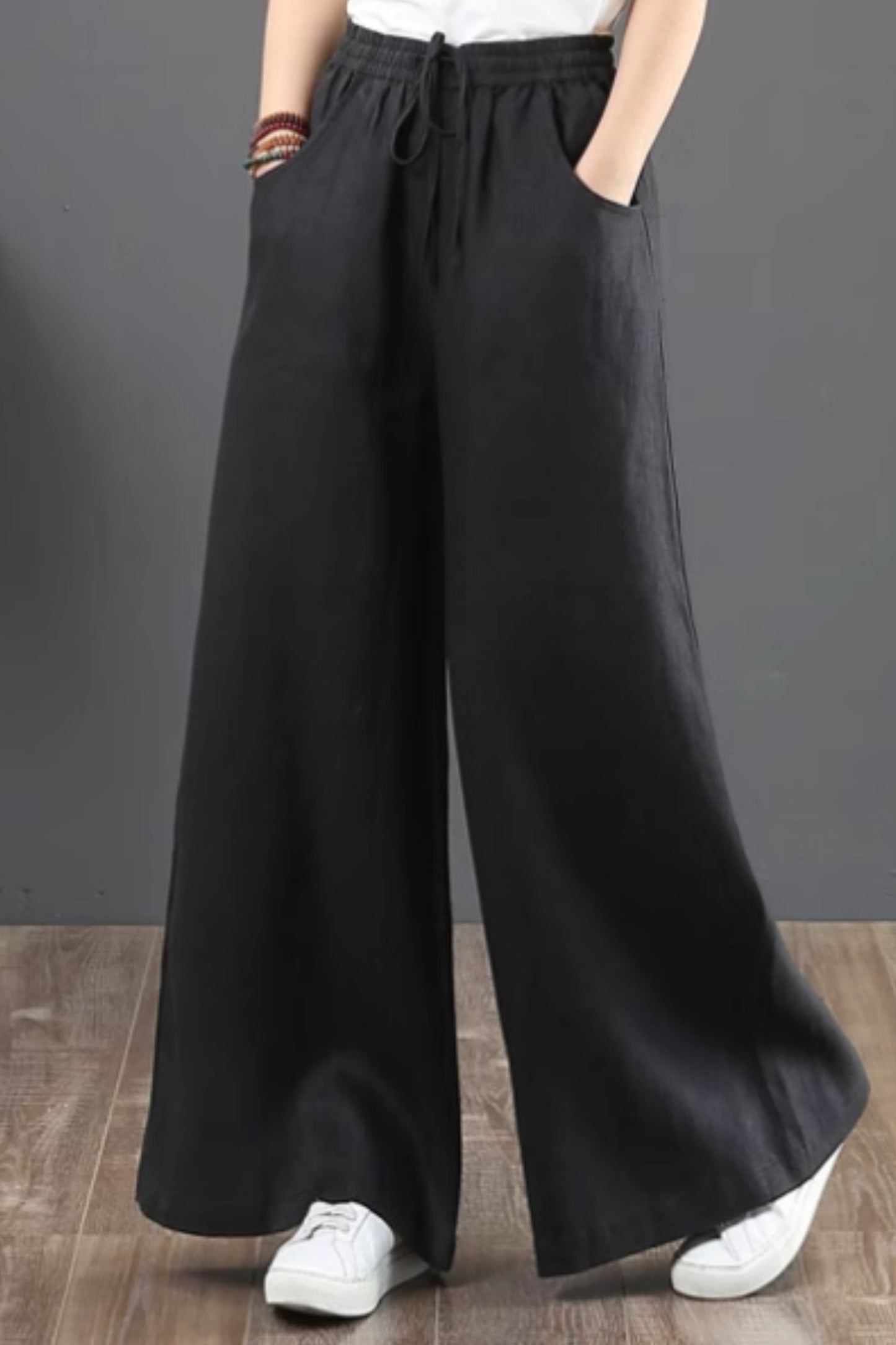 Long wide leg linen pants with drawstring waist C4428