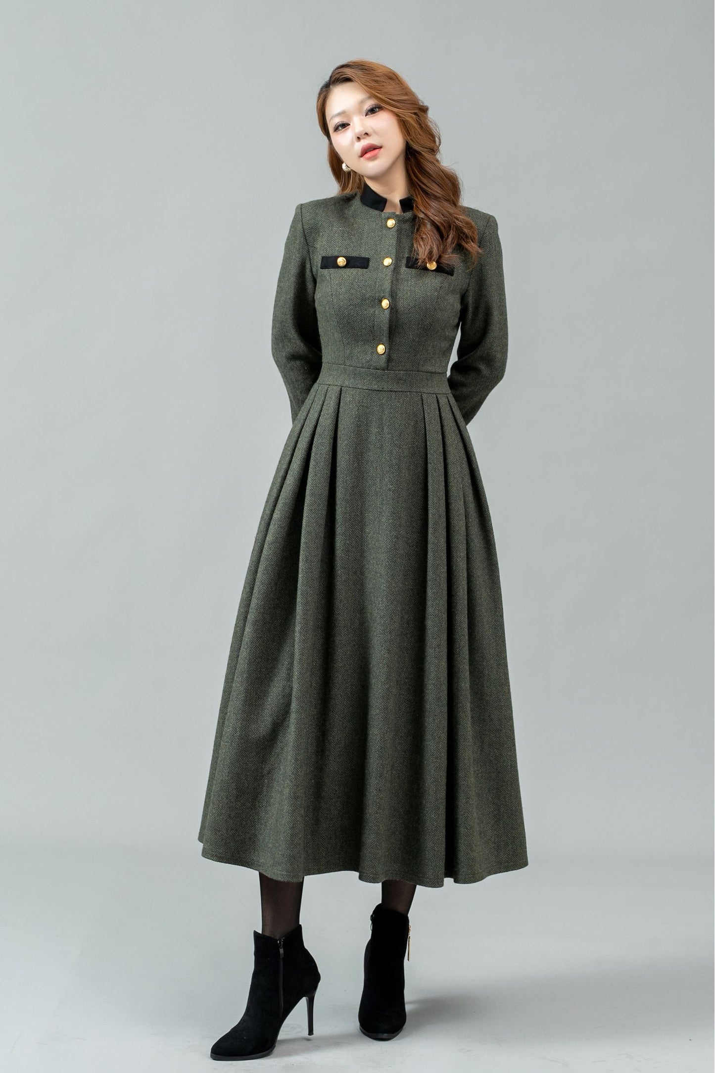 Button front army green winter wool dress C4441