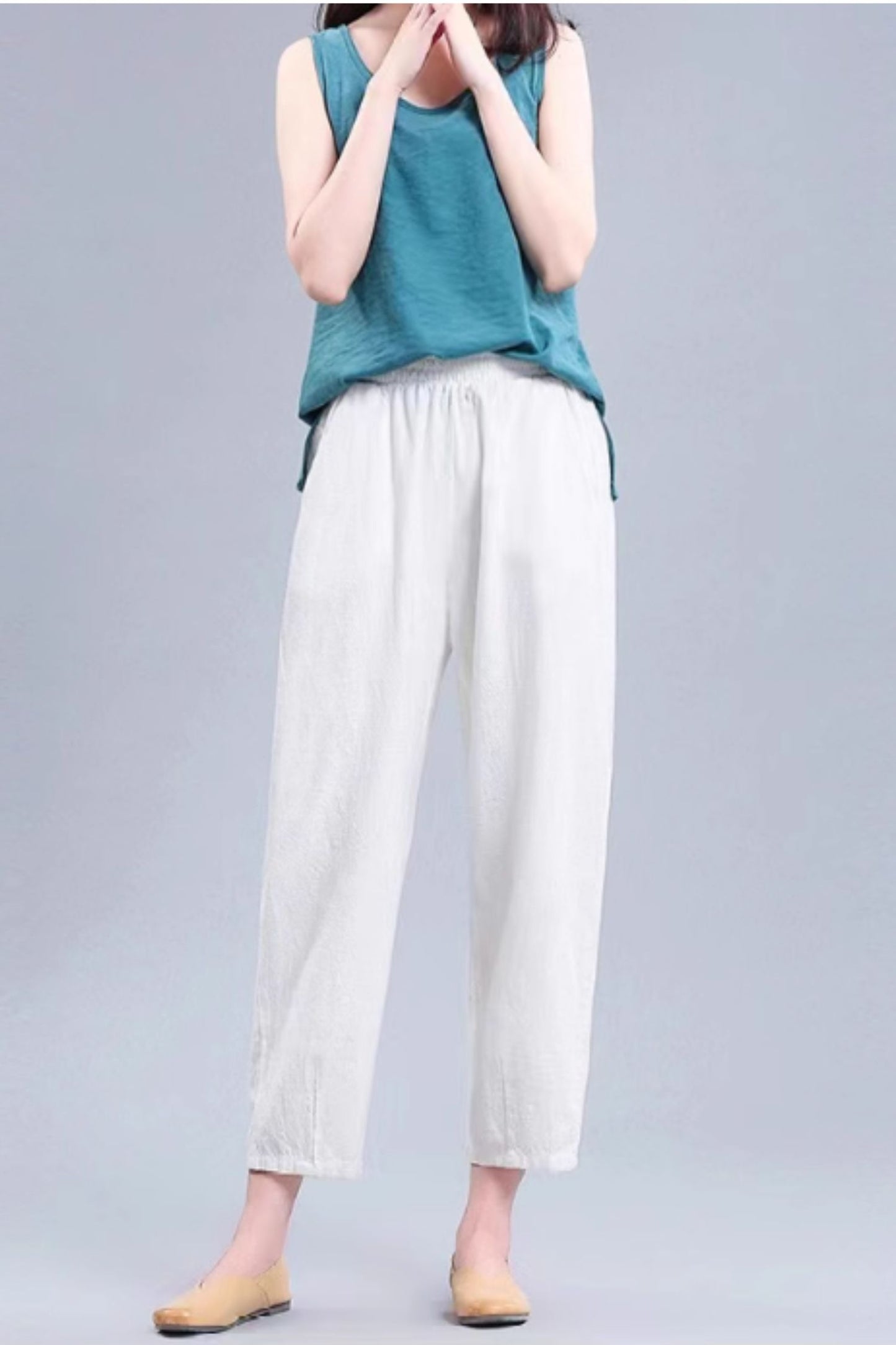 Elastic waist loose fitting linen pants C4434