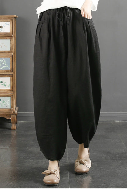 Beige Linen Harem Pants - Elastic Waist Tie Detail C3894