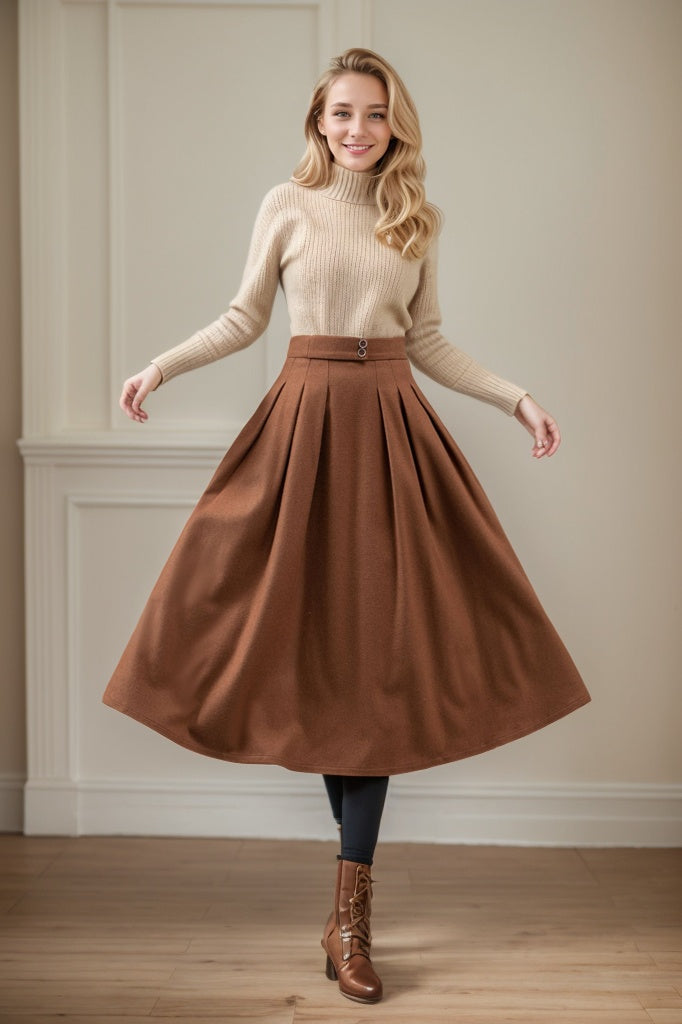 Pleated midi winter wool skirt with pockets C4445