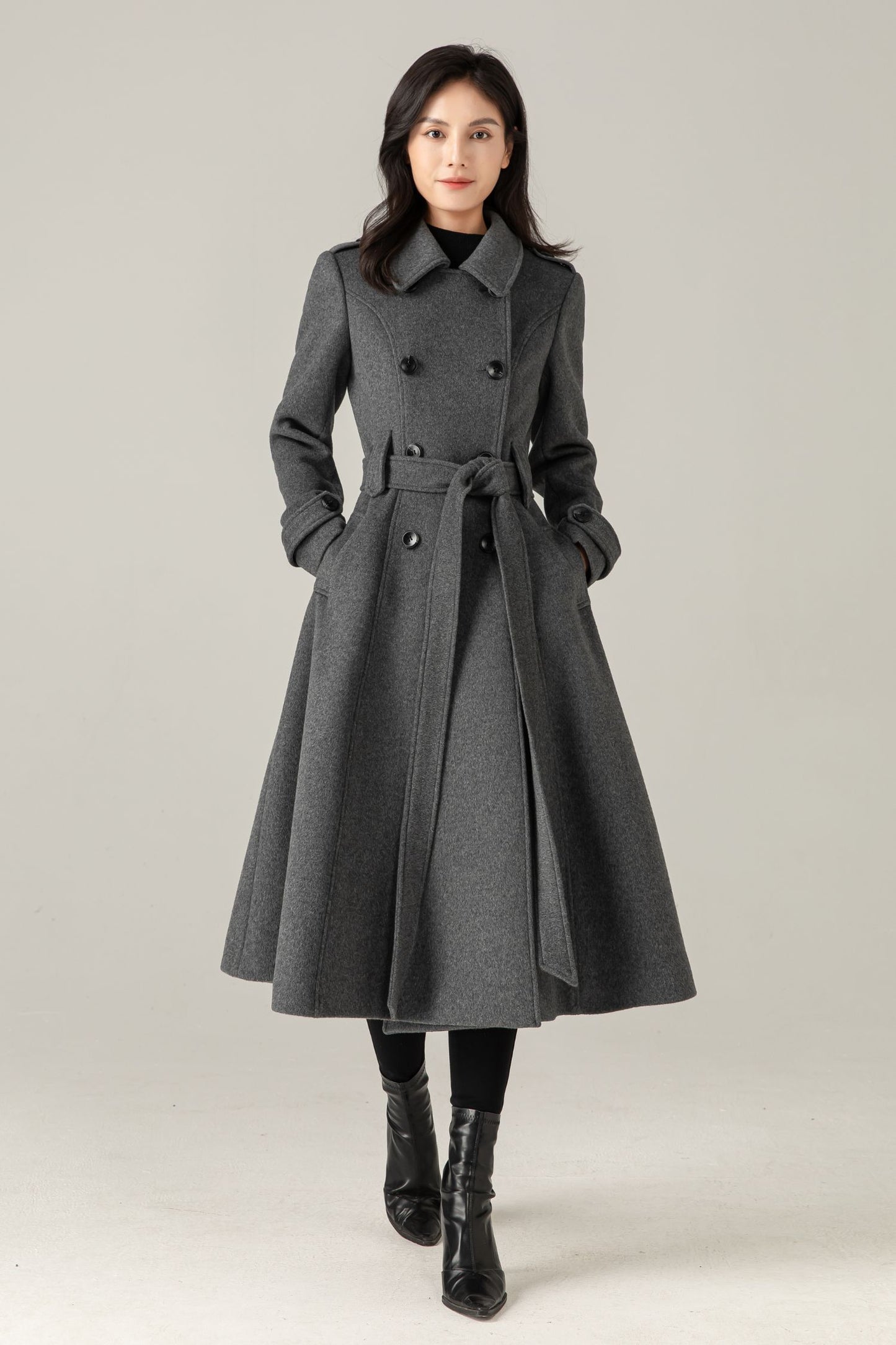 Gray Wool Blend Swing Coat: Double Breasted Belted Maxi Winter Overcoat, Ylistyle C5376