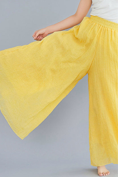 Dark Blue Cotton Linen Wide-Leg Pants - Elastic Waist, Lined TT0053