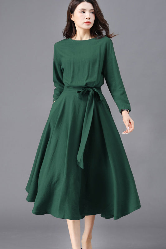 Dark Green Linen Midi Dress: Belted Cotton Linen Dress with Pockets, Ylistyle C5453