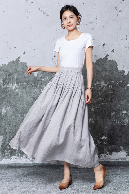 Gray Linen Maxi Skirt - Elastic Waist Pleated A-Line Silhouette c5466