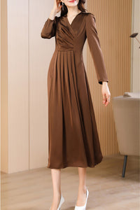 Brown spring and autumn V-neck long dress C4173