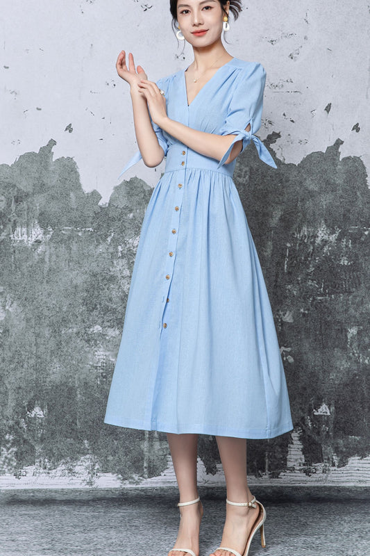 Blue Linen Midi Dress - French Minimalist Button Front Cottagecore, Ylistyle C5474