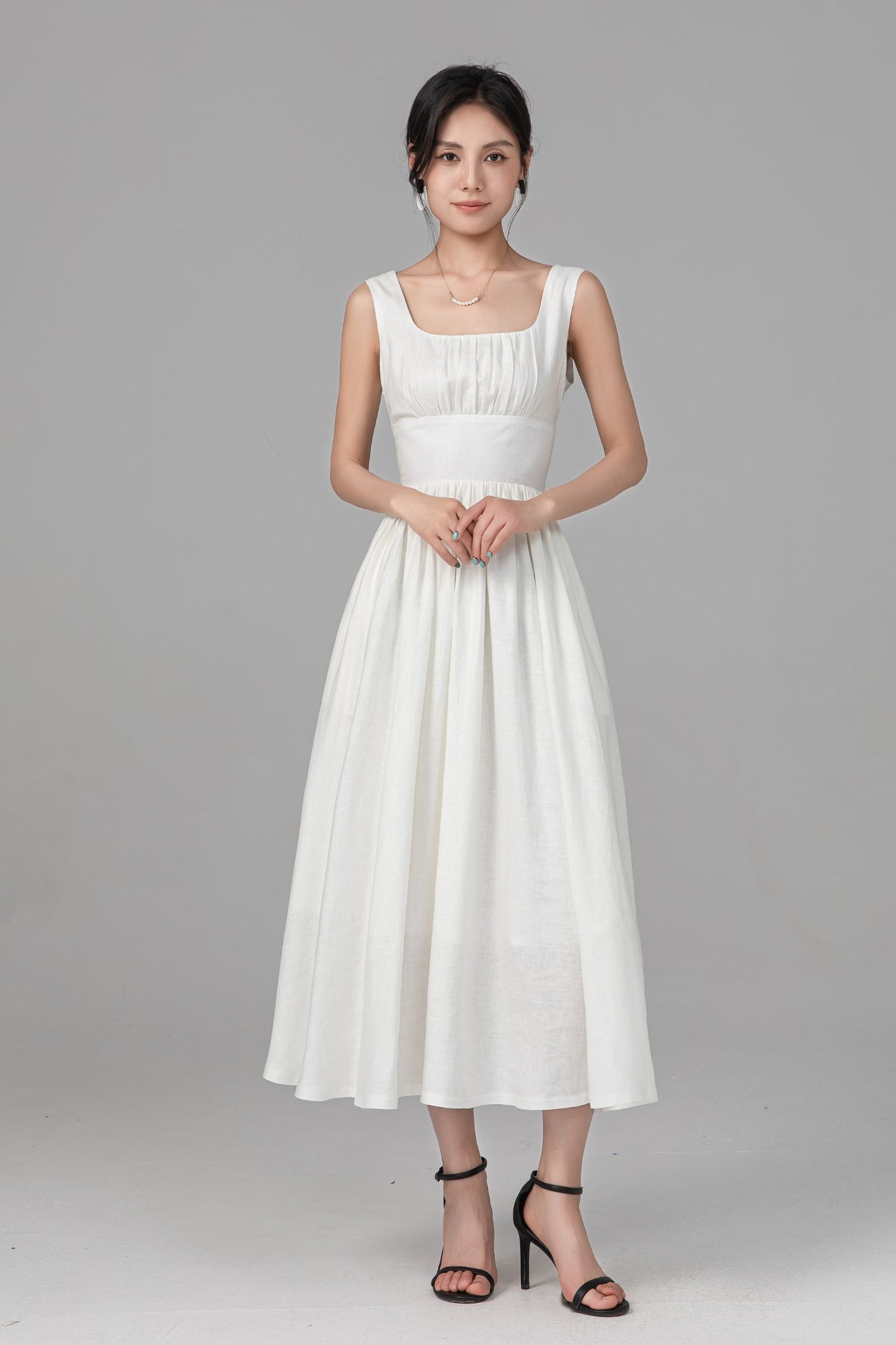 Off White Linen Midi Dress - Sleeveless Square Neck A-Line Silhouette C5525