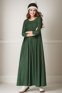 Green Wool winter maxi pleated dress C4273