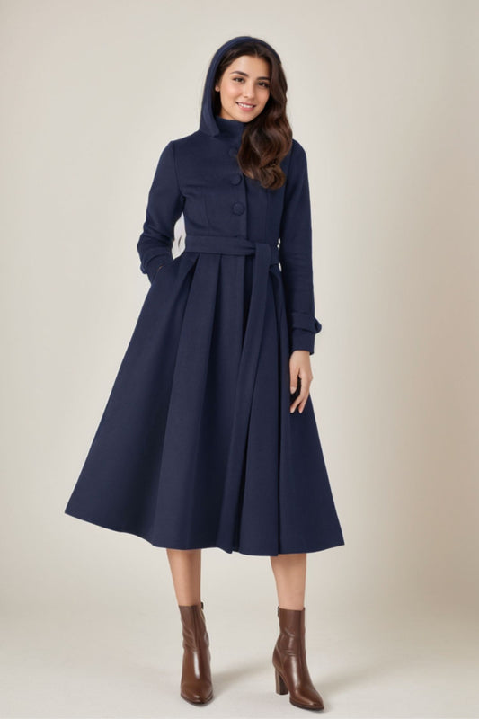 Navy Blue Long winter Wool Coat C4324