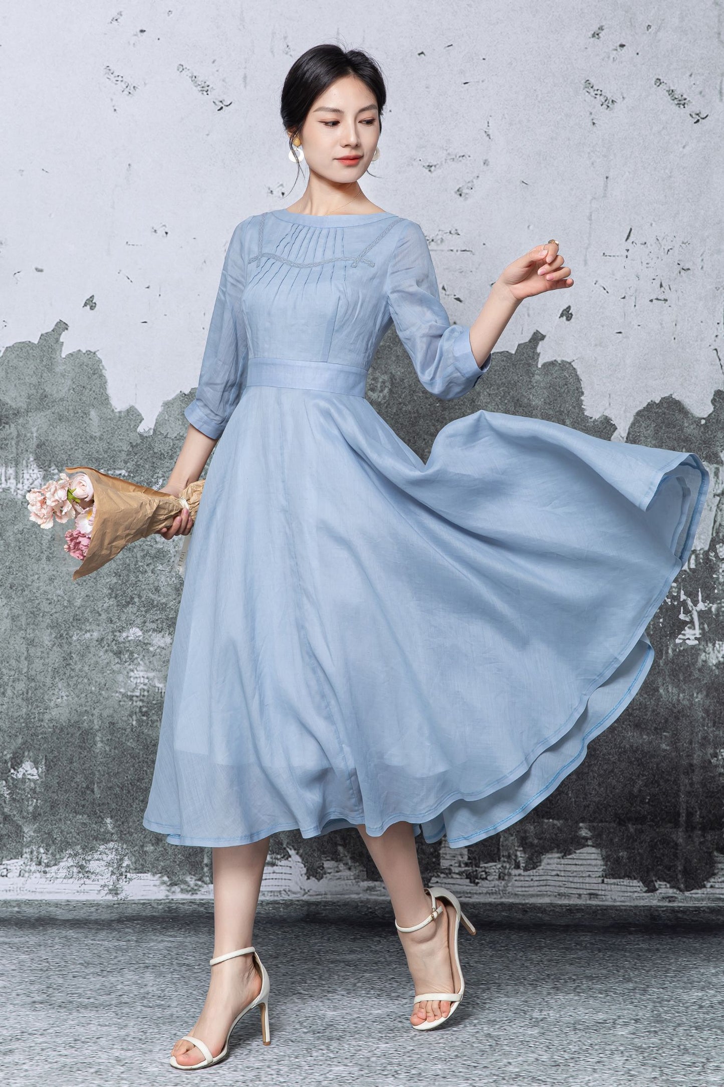 Blue Linen Midi Dress - Pleated Neckline Swing Silhouette c5475