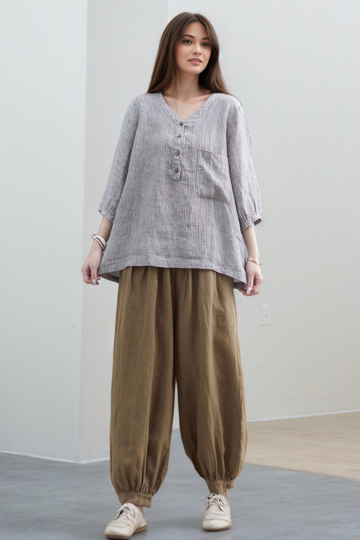 V-Neck Linen Blouse, Loose Fit Top C5318