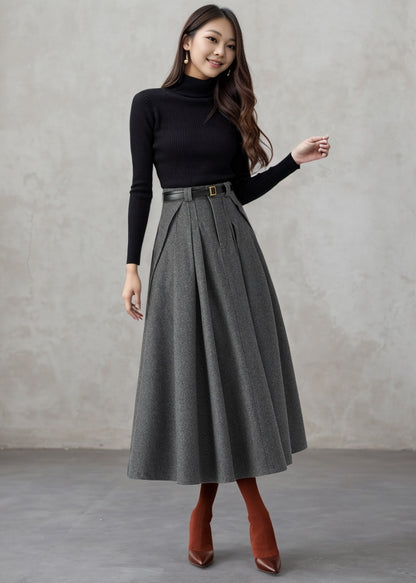 Gray Midi Wool Skirt Women C3553