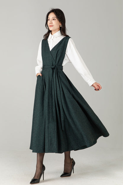 Dark Green Wool Blend Midi Pinafore Dress for Women – Sleeveless V-Neck Winter Jumper with Belt, Ylistyle C5339