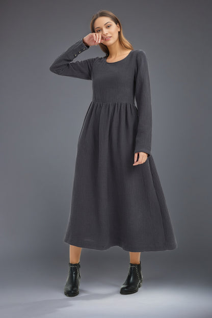 long women winter linen pockets dress C5133