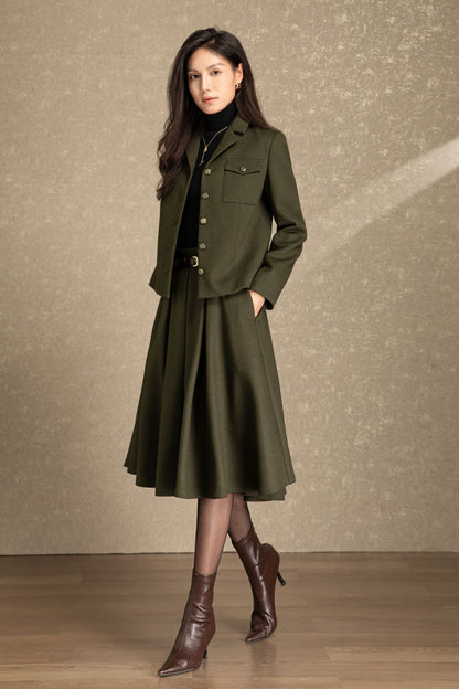 Army green short wool jacket coat C4488