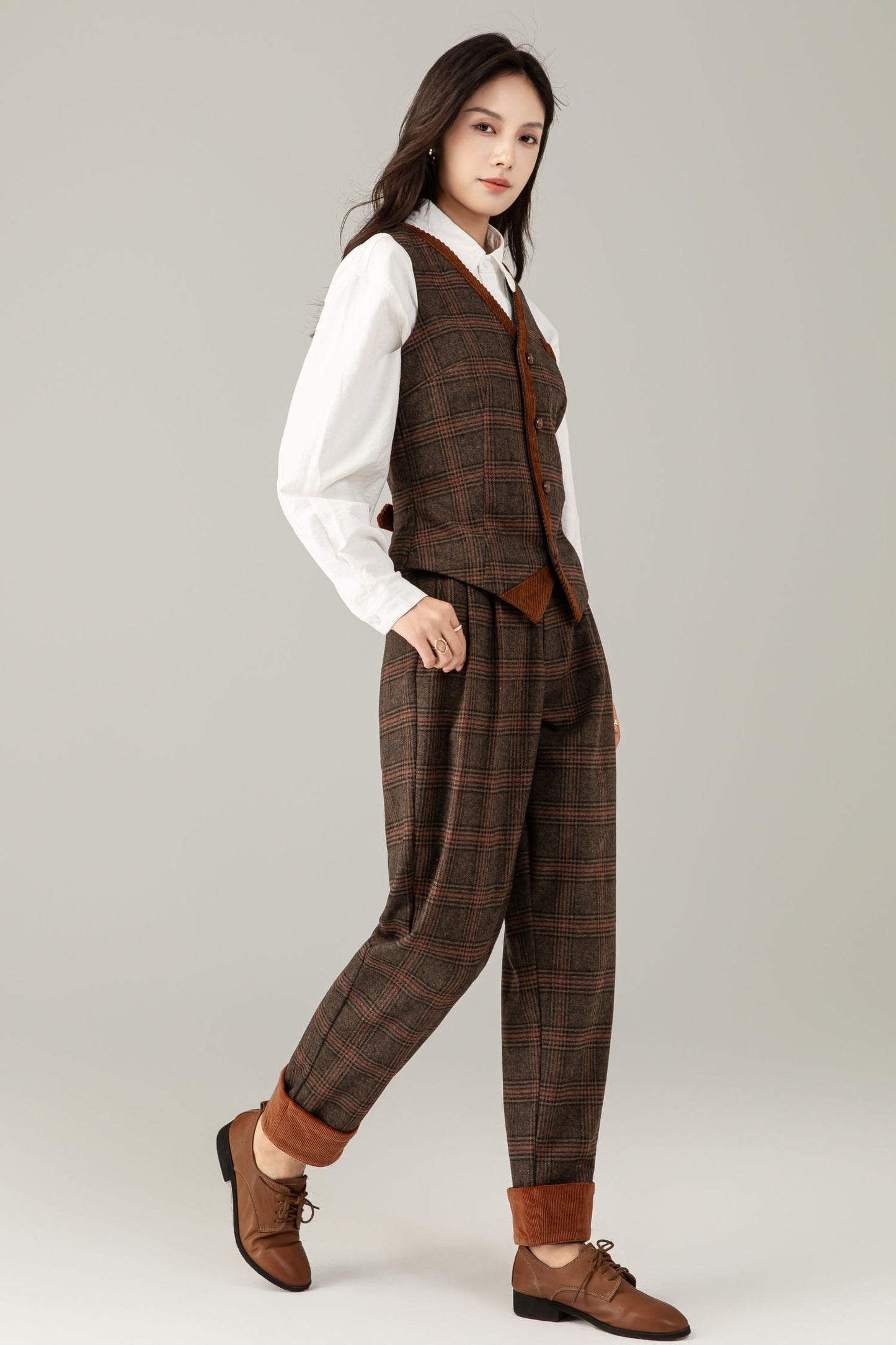 Brown Plaid Wool Suit Set, Wool vest and Wool pants C5248