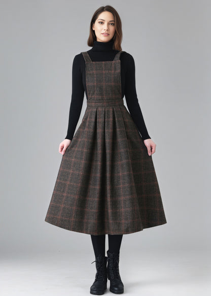 Plaid Wool Pinafore Pleated Dress,Winter Wool dress women C5151