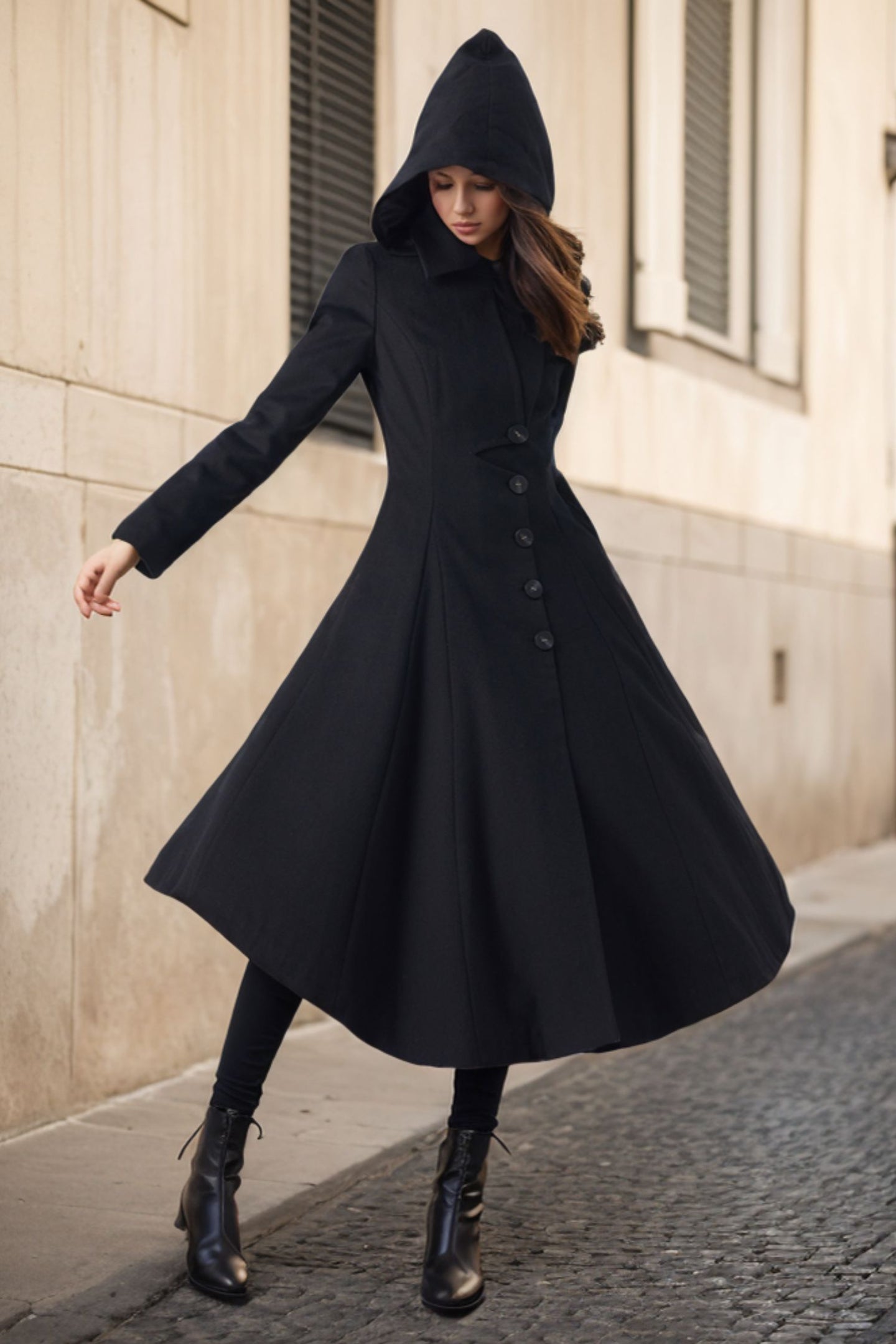 Black Hooded Long Wool Coat C4330