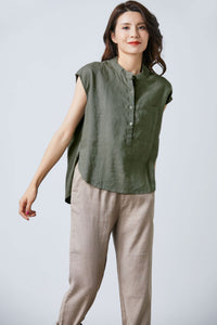 Army green linen sleeveless top C1702