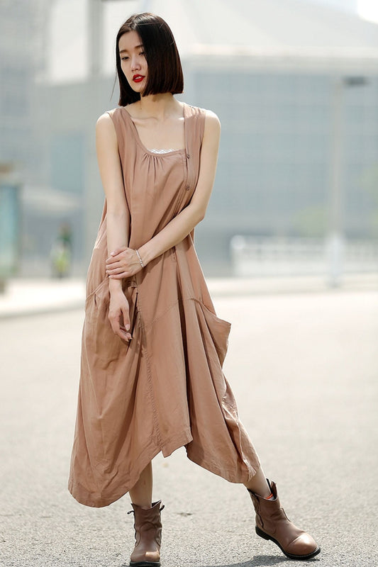 Brown womens long Asymmetrical sleeveless dress C344